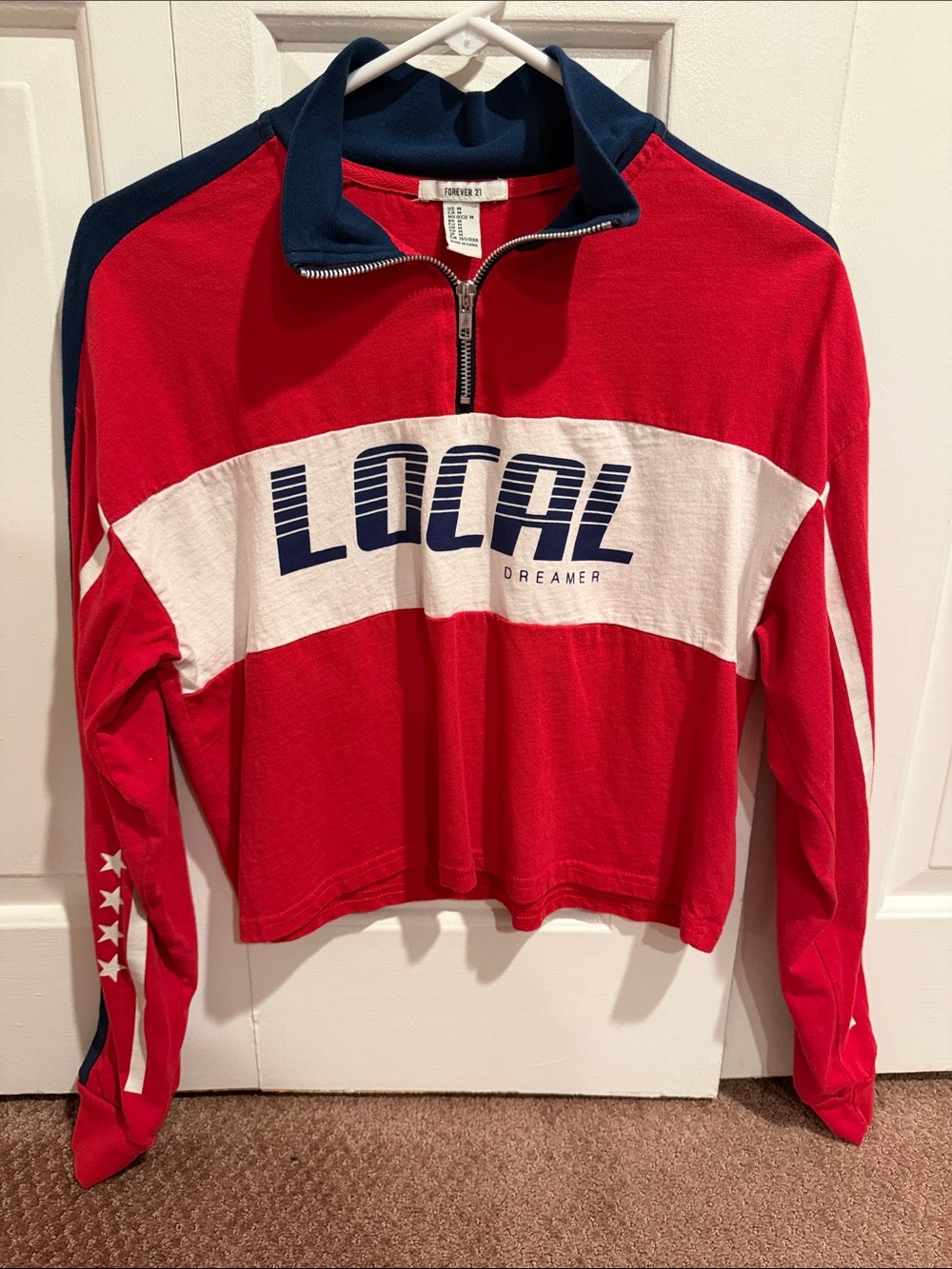 Forever 21 Red, White & Navy 'LOCAL' Half-Zip Cropped Top